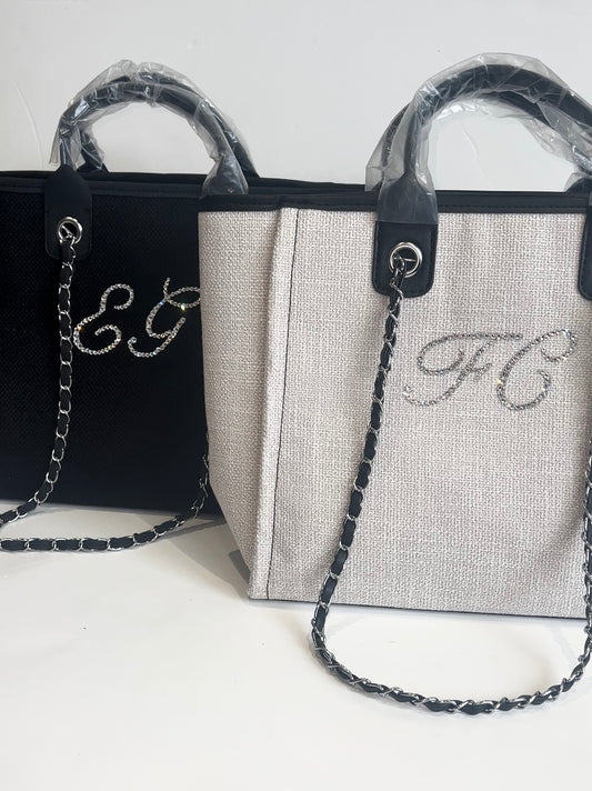 Crystallised Personalised Initial Chain Tote Bags