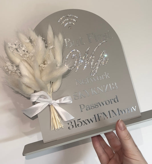 Acrylic Personalised Swarovski Crystal Wi-Fi Freestanding sign with dried flowers