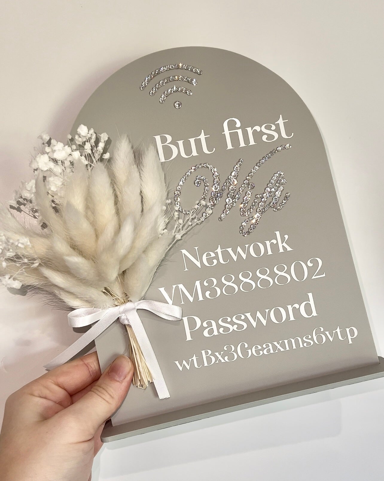 Acrylic Personalised Swarovski Crystal Wi-Fi Freestanding sign with dried flowers