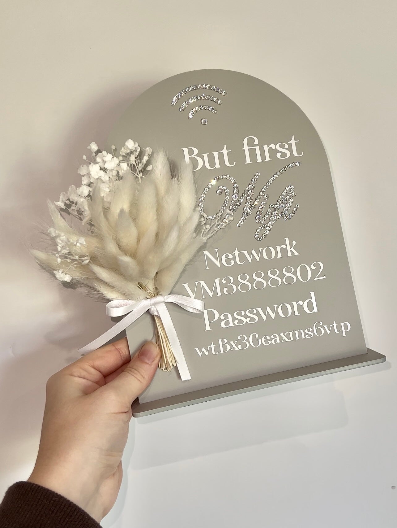 Acrylic Personalised Swarovski Crystal Wi-Fi Freestanding sign with dried flowers