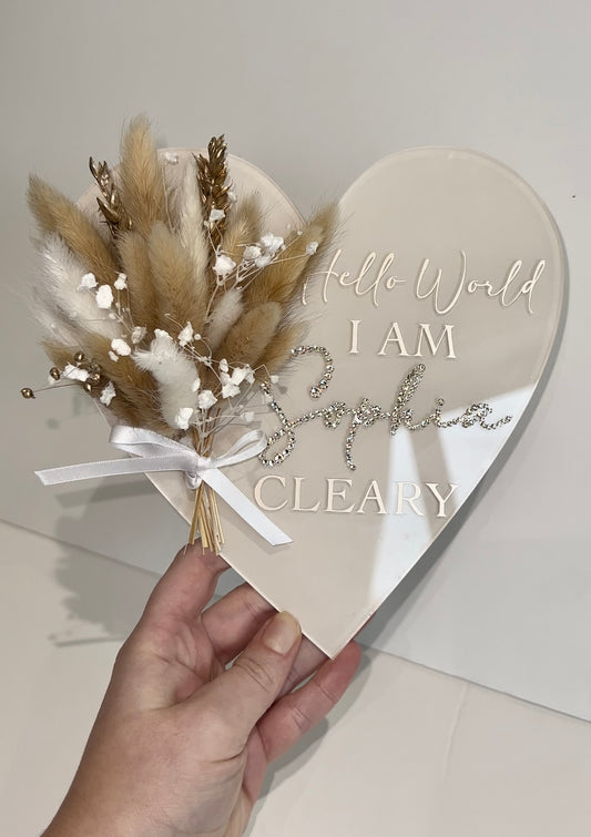 20cm Acrylic Heart Crystallised Announcement plaque